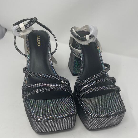 ALDO Landabriver Metallic Platform Sandals 8.5 Pewter Square Toe Ankle Strap - Picture 4 of 8